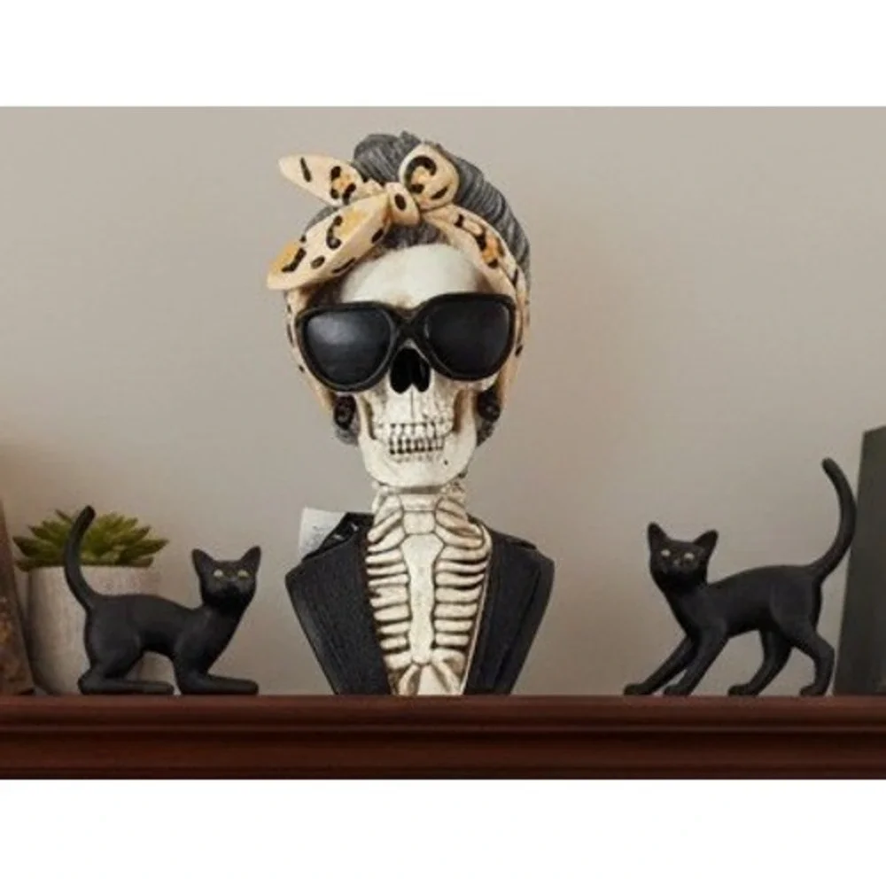 NWT Skeleton Diva Spooky Chick Bust Halloween Decor Leopard Headband Sunglasses